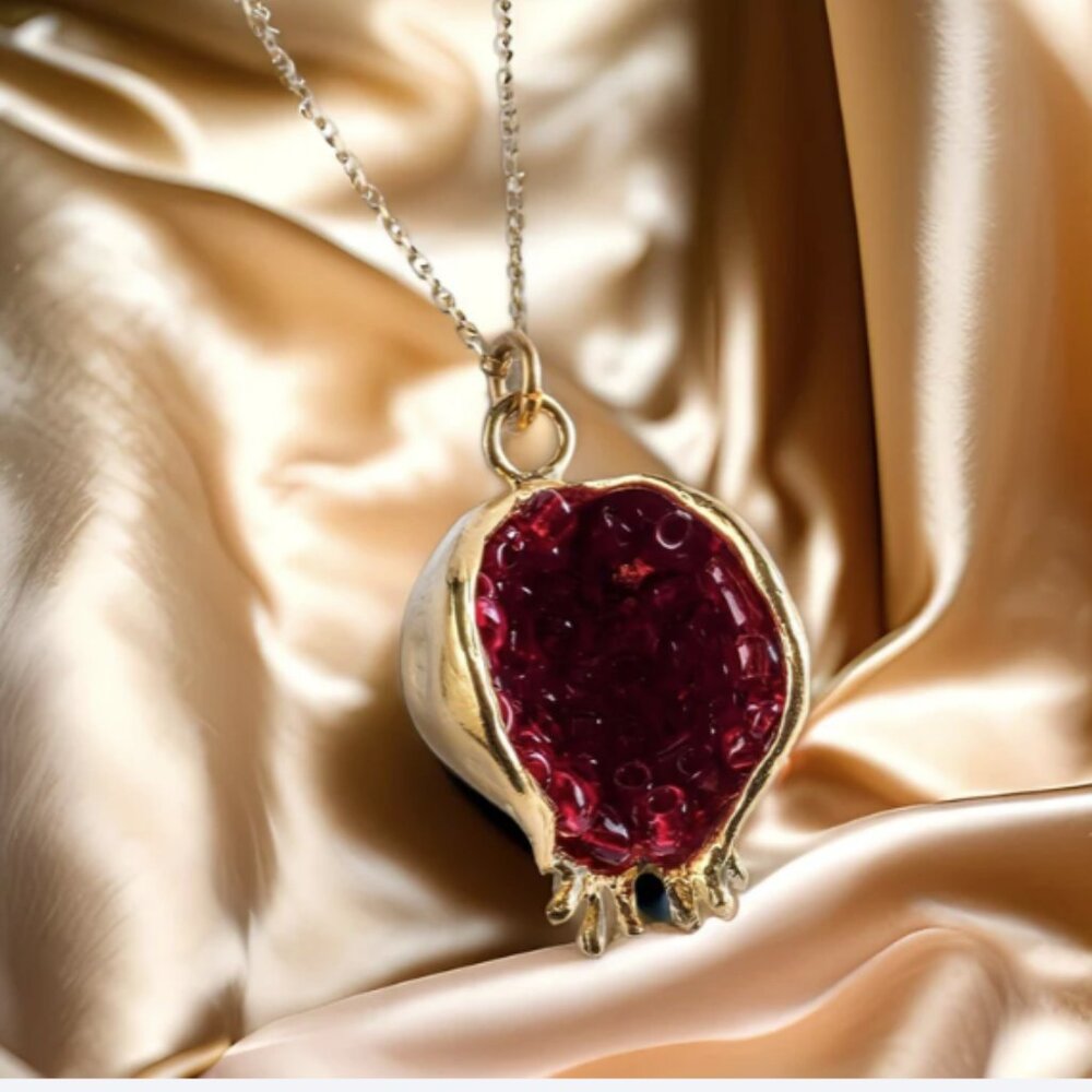 Jeweled Pomegranate Gold 925 Sterling Silver Fruit Unique Vintage Necklace